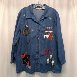 Victoria Jones Woman Christmas Denim Shirt Blue Embroidered Holiday Angel 1X